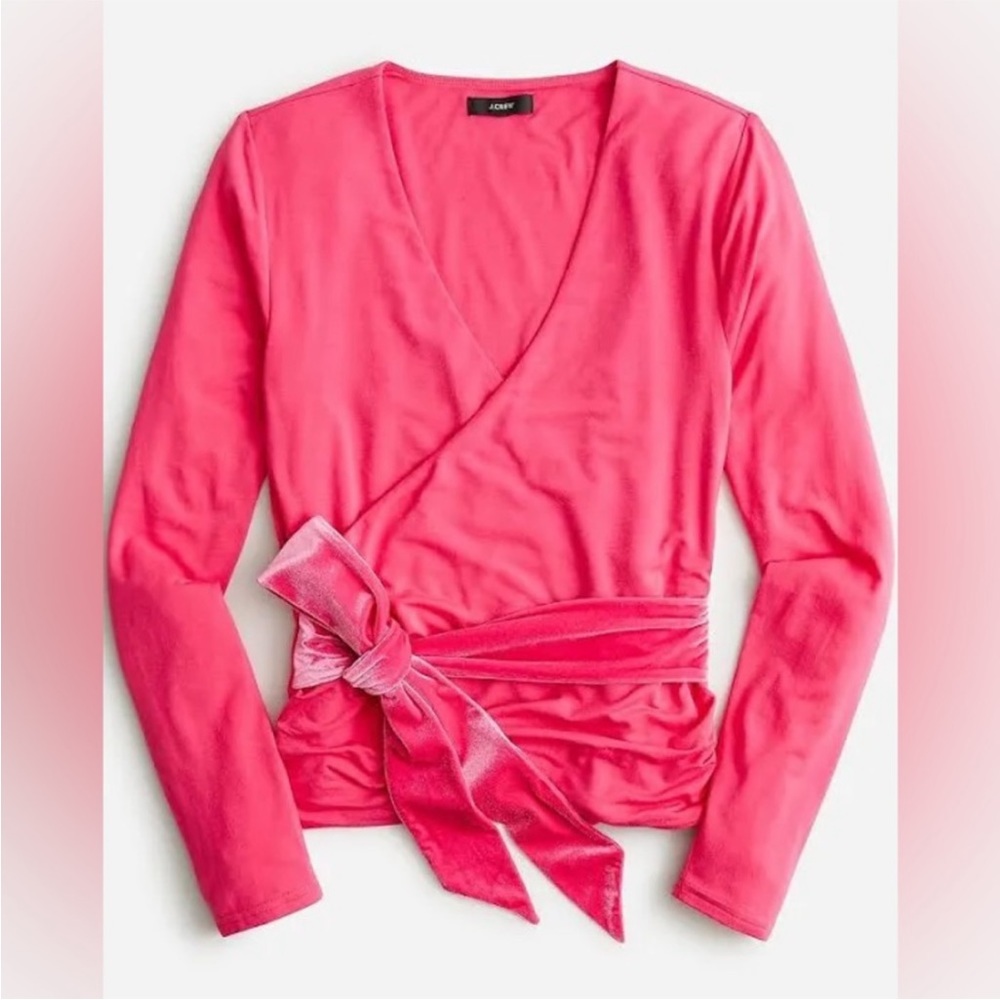 J.Crew FormKnit Long-Sleeve Wrap Top with Velvet Bow-Tie